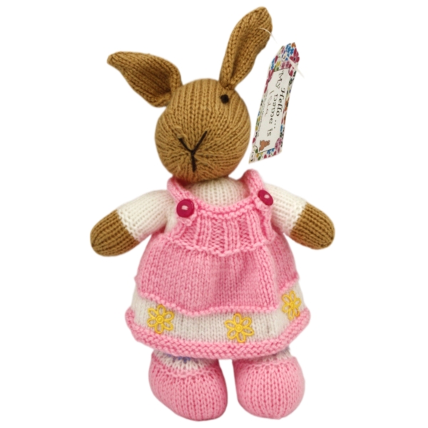 Hand Knitted Girl Rabbit wearing Pink Dress 