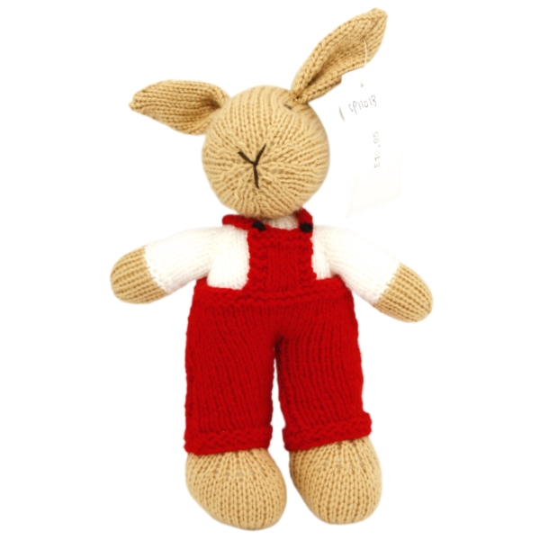 Hand Knitted Rabbit wearing in Red Dungarees