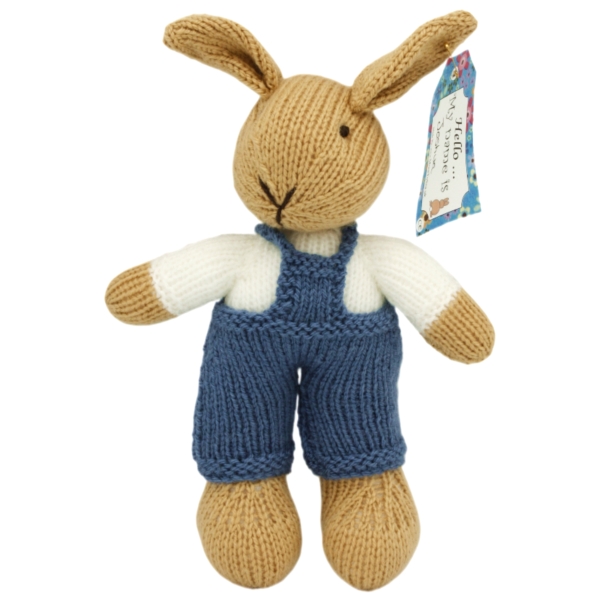 Hand Knitted Rabbit wearing in Blue Dungarees