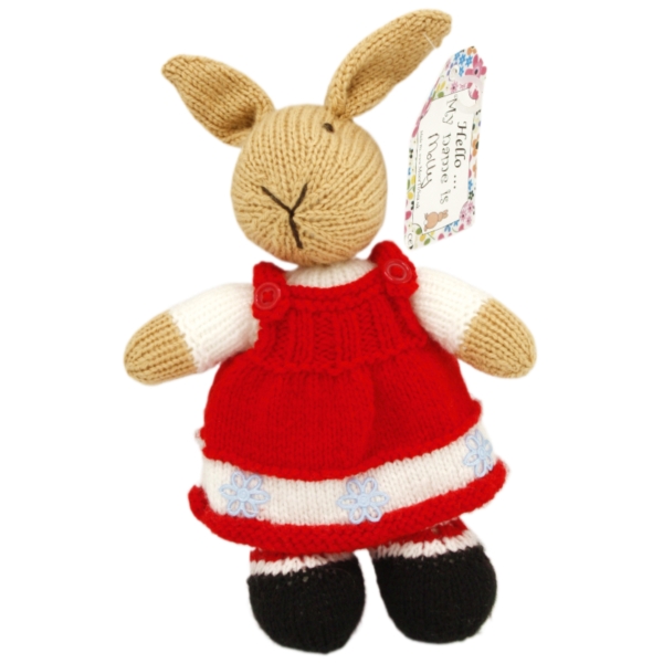 Hand Knitted Girl Rabbit wearing Red Dress 