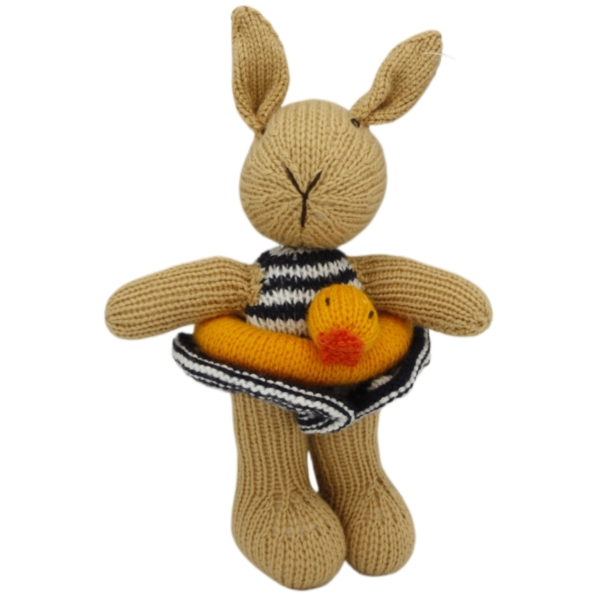 Hand Knitted Girl Rabbit wearing a Swimsuit and Duckring