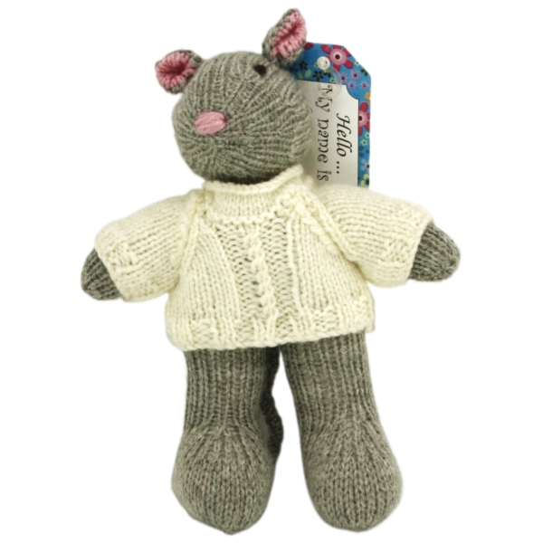 Hand Knitted Mouse, wearing a Cream Aran