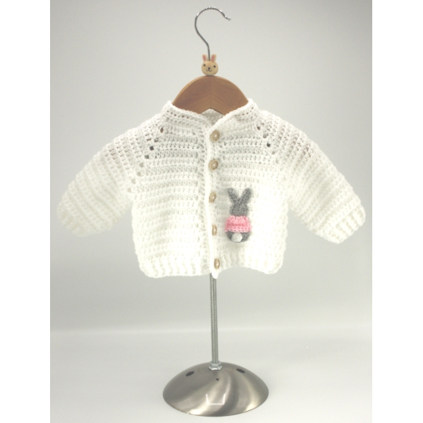 Crochet White Cardigan, Embellished with Grey Rabbit, Wearing a Pink Jumper, Size 0-3 Months