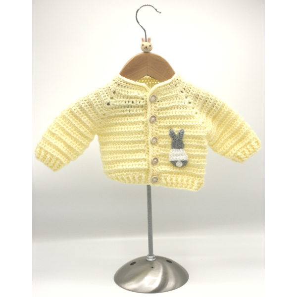 Crochet Light Yellow Cardigan, Embellished with Grey Rabbit, Wearing a White Jumper, Size 0-3 Months