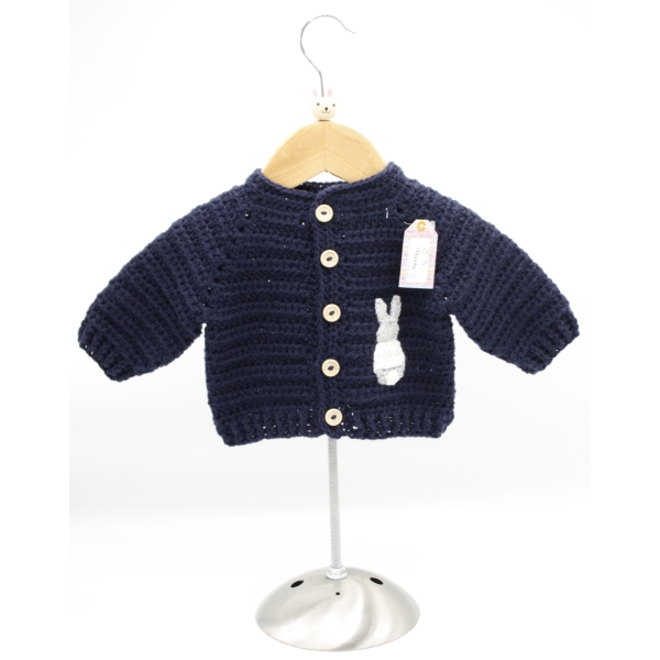 Crochet Navy Blue Cardigan, Embellished with Grey Rabbit, Wearing a White Jumper, Size 0-3 Months