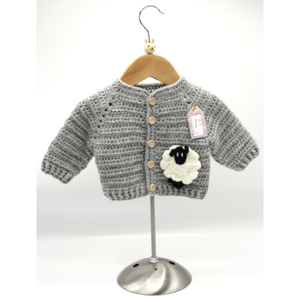 Crochet Grey Cardigan, Embellished with Sheep, White, Size 0-3 Months