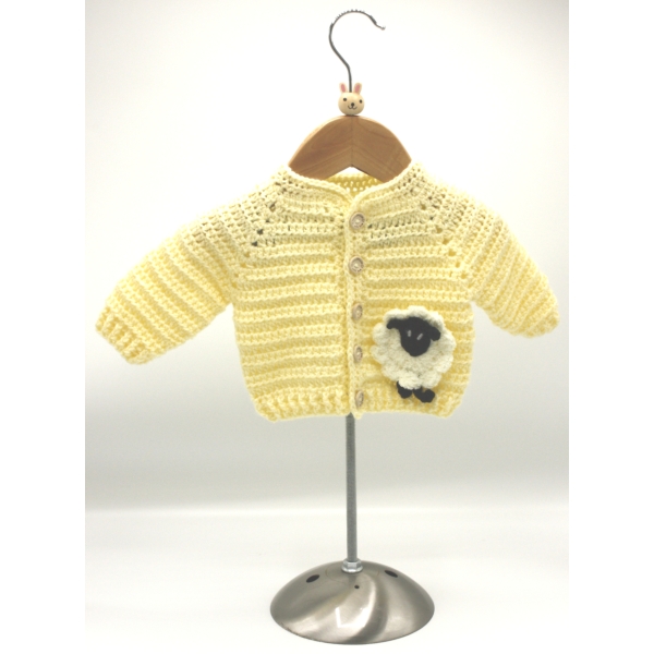 Crochet Light Yellow Cardigan, Embellished with Sheep, White, Size 0-3 Months