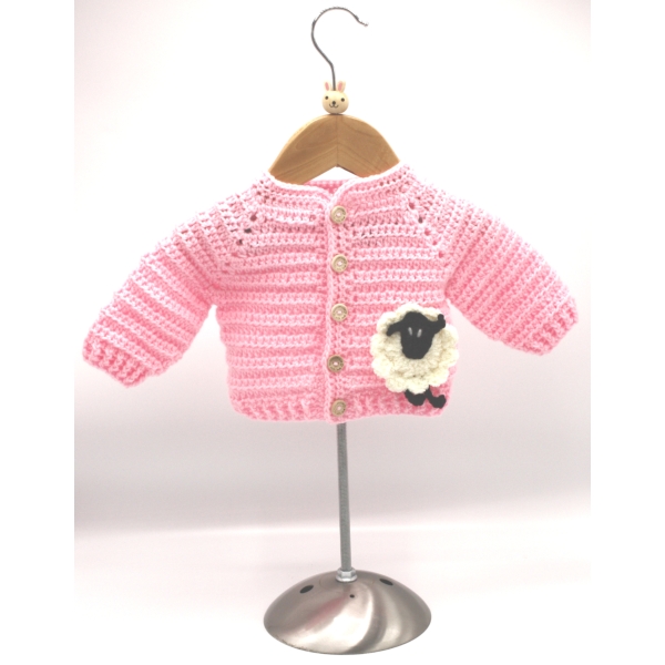 Crochet Pink Cardigan, Embellished with Sheep, White, Size 0-3 Months