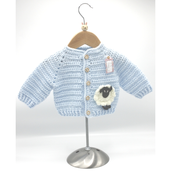 Crochet Light Blue Cardigan, Embellished with Sheep, White, Size 0-3 Months