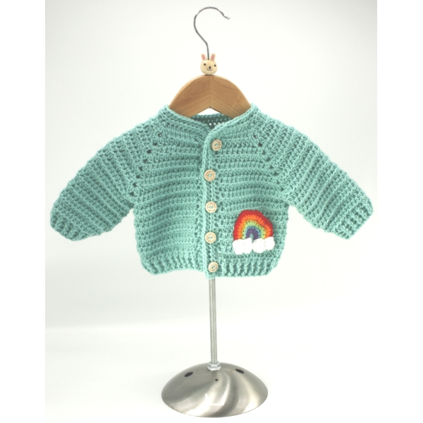 Crochet Mint Green Cardigan, Embellished with Rainbow, With Clouds, Size 0-3 Months