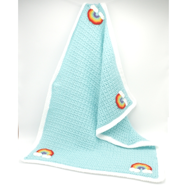 Crochet Mint Green Blanket, Embellished with Rainbow, With Clouds, Size 