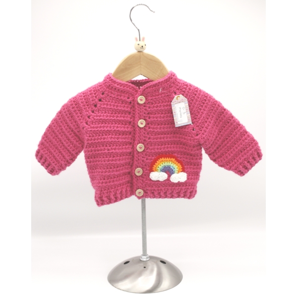 Crochet Dark Pink Cardigan, Embellished with Rainbow, With Clouds, Size 0-3 Months