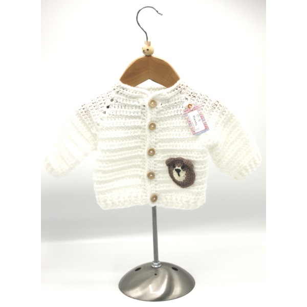 Crochet White Cardigan, Embellished with Teddy Bear, , Size 0-3 Months