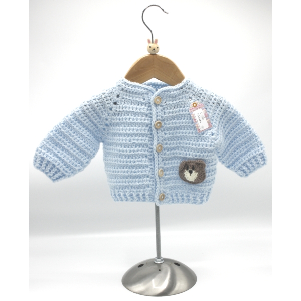 Crochet Light Blue Cardigan, Embellished with Teddy Bear, , Size 3-6 Months