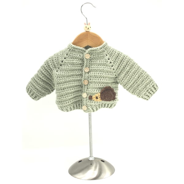 Crochet Sage Green Cardigan, Embellished with Hedge Hog, , Size 0-3 Months