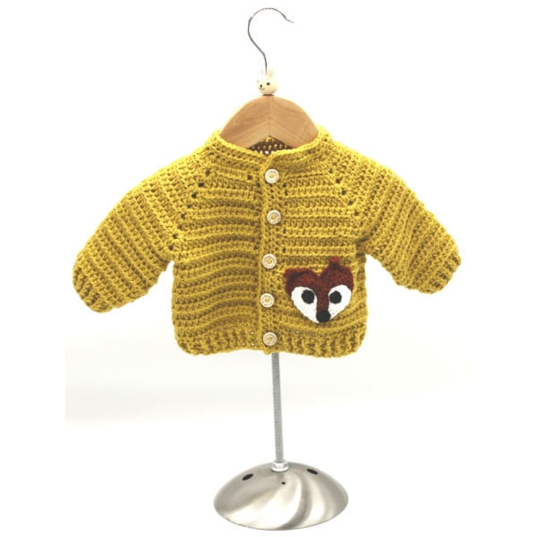 Crochet Mustard Cardigan, Embellished with Fox, , Size 0-3 Months