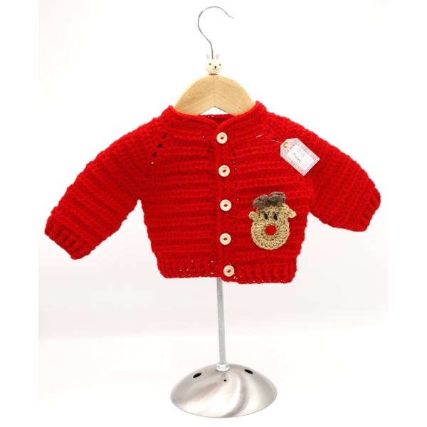 Crochet Red Cardigan, Embellished with Reindeer, , Size 0-3 Months