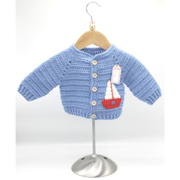 Crochet Mid Blue Cardigan, Embellished with Red Sail Boat, With White Sail, Size 0-3 Months