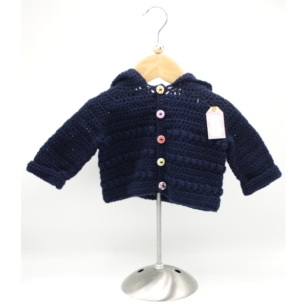 Crochet Navy Blue Hoodie, Embellished with Multi Coloured Buttons, , Size 0-3 Months