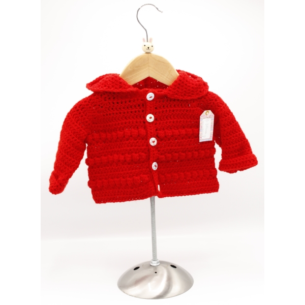 Crochet Red Hoodie, Embellished with Multi Coloured Buttons, , Size 0-3 Months