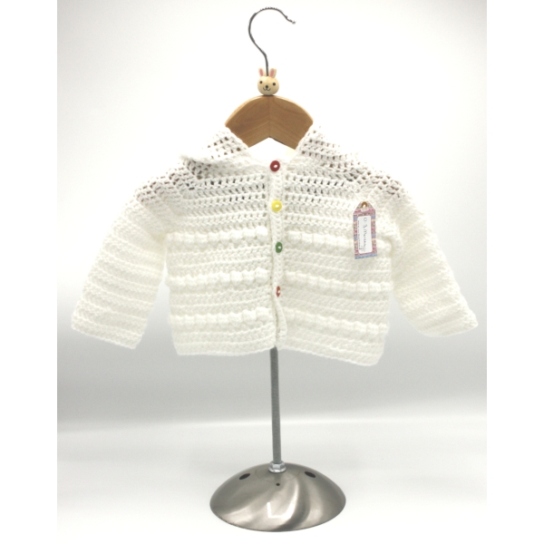 Crochet White Hoodie, Embellished with Multi Coloured Buttons, , Size 3-6 Months